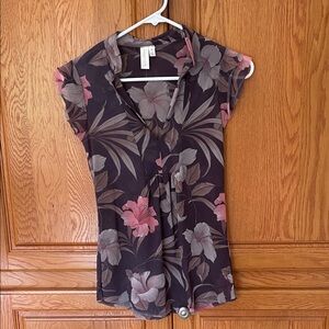 Elegant Floral Cap Sleeve Blouse - Pink and Gray